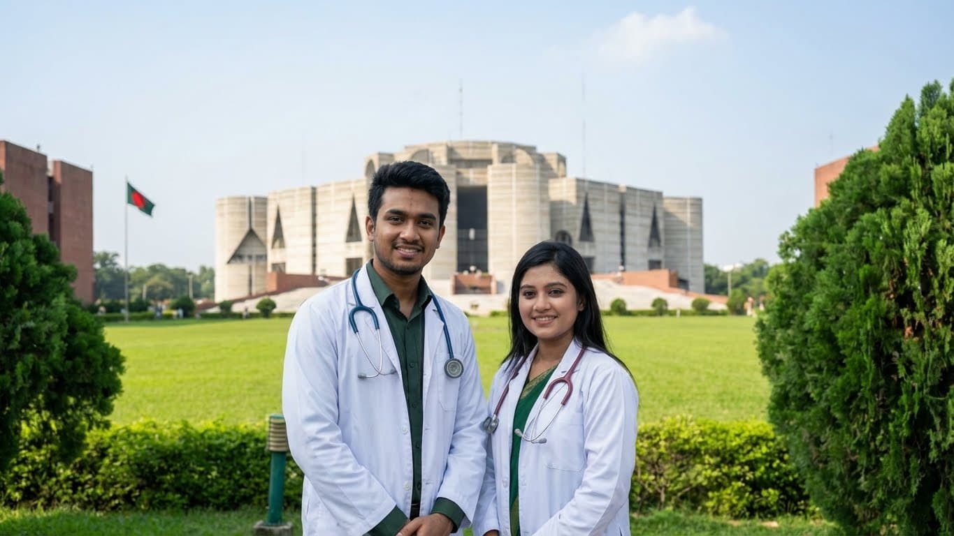 Medical students standing in front of the Bangladesh Parliament